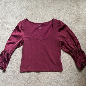 Maeve Burgundy Scoop Neck Top with Satin Puff Sleeves